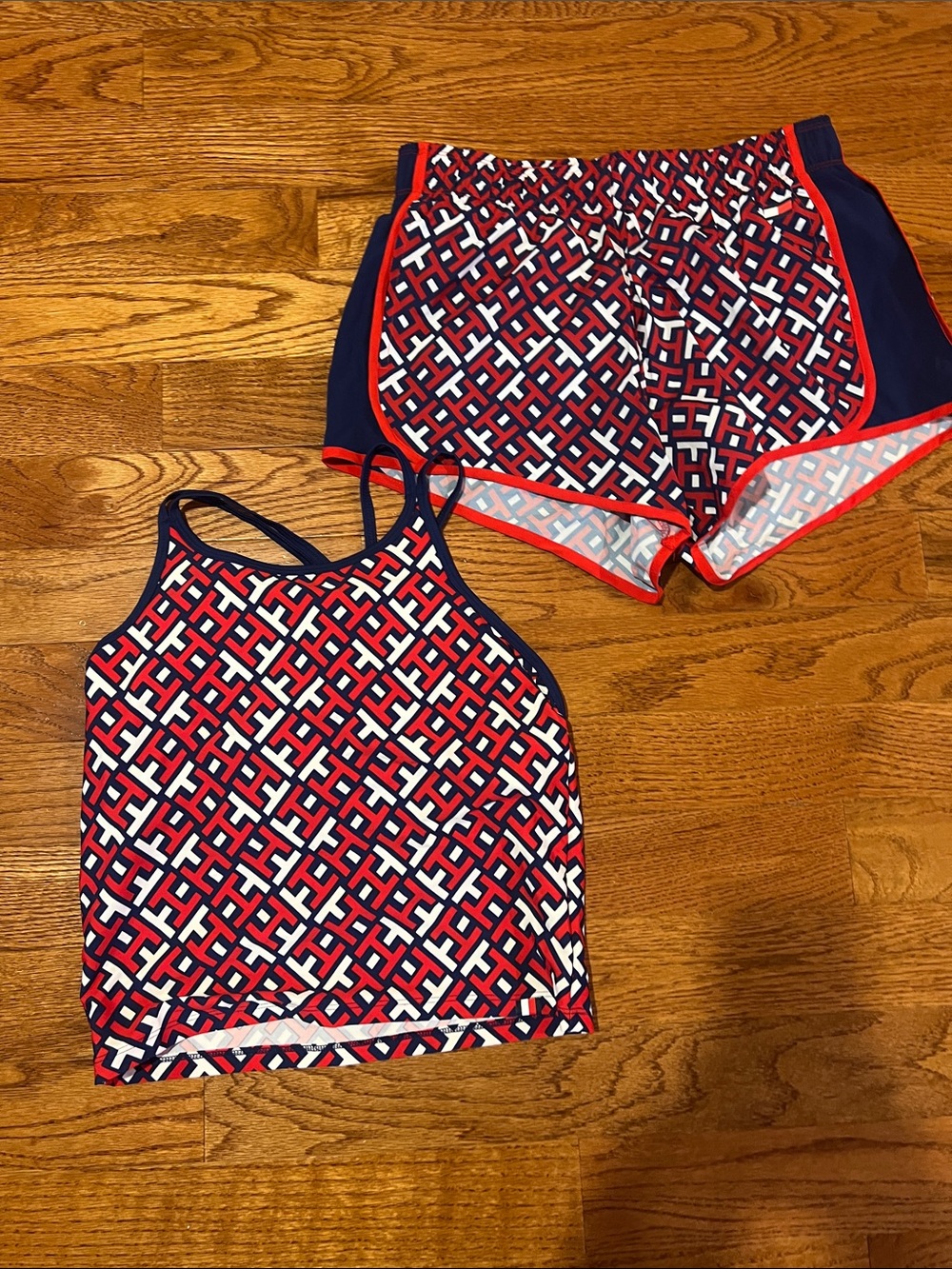 Tommy Hilfiger Red White and Navy Geometric Athletic Shorts Set